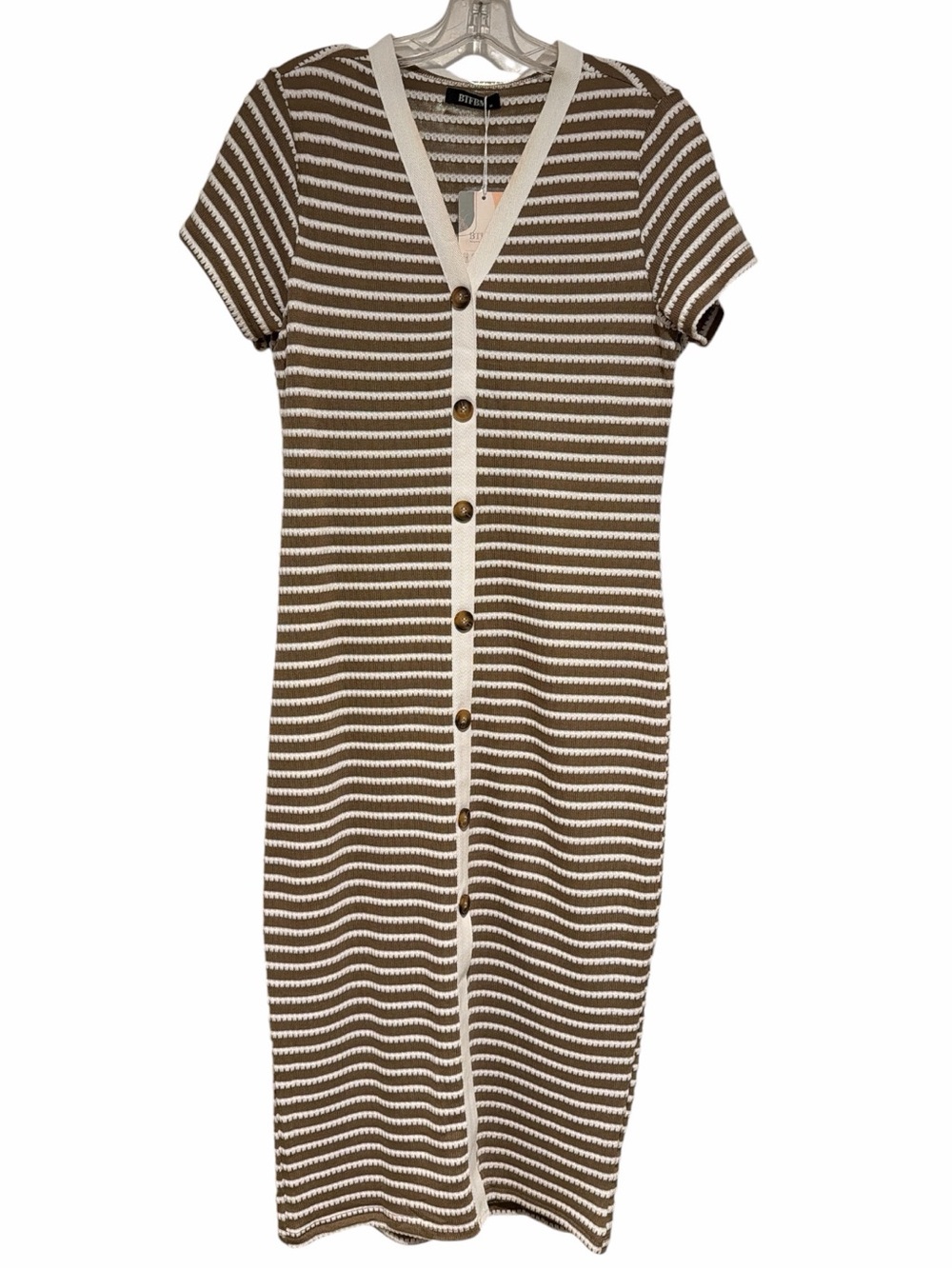 Striped Midi Button-Front Dress in Brown & Cream